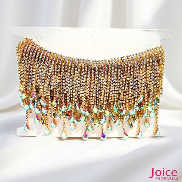 Franja de Strass Gota Vidro 9cm,Com 1,8m