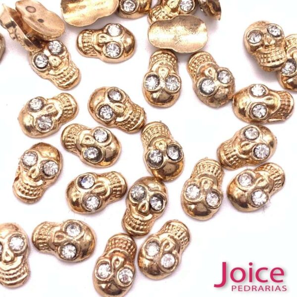 Caveira Metal 5mm X 10mm Dourado C/olho cristal  -C/50 Unidades