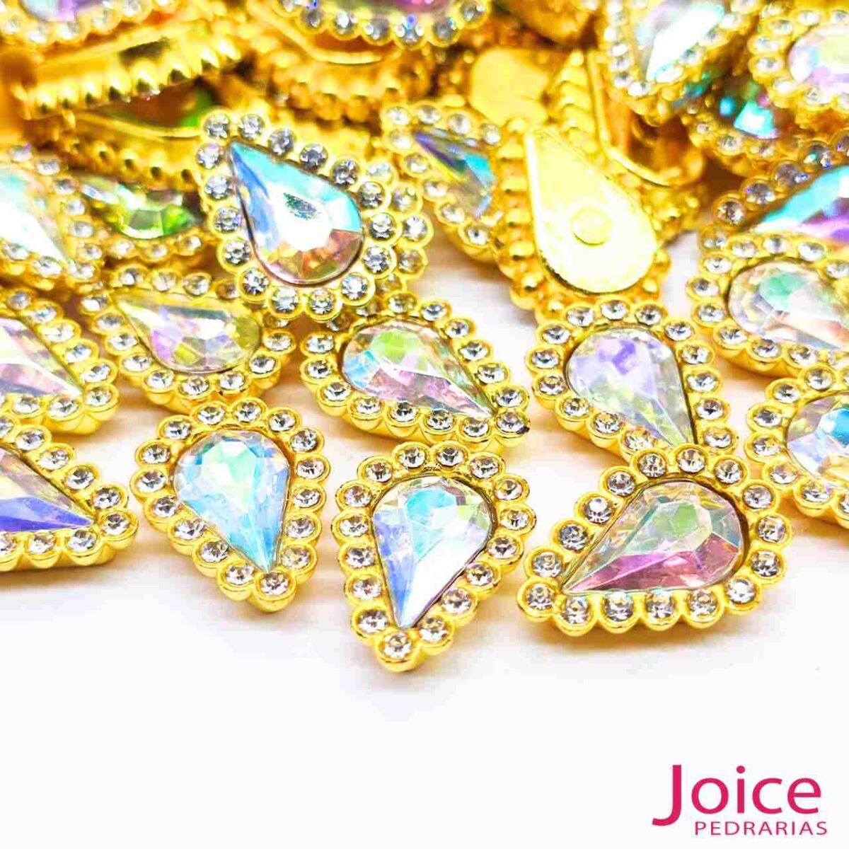 Chaton Gota Acrílico Com Base ABS dourado com Strass 14mm X 19mm C/1000-Unidades - Imagem 1