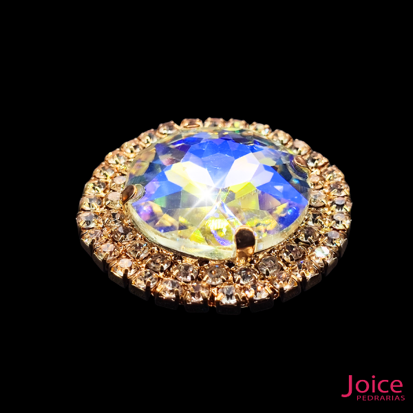 Chaton Redondo De Vidro 42mm Com Strass Em volta Com (BASE DOURADO) De Aço C/20-unidades