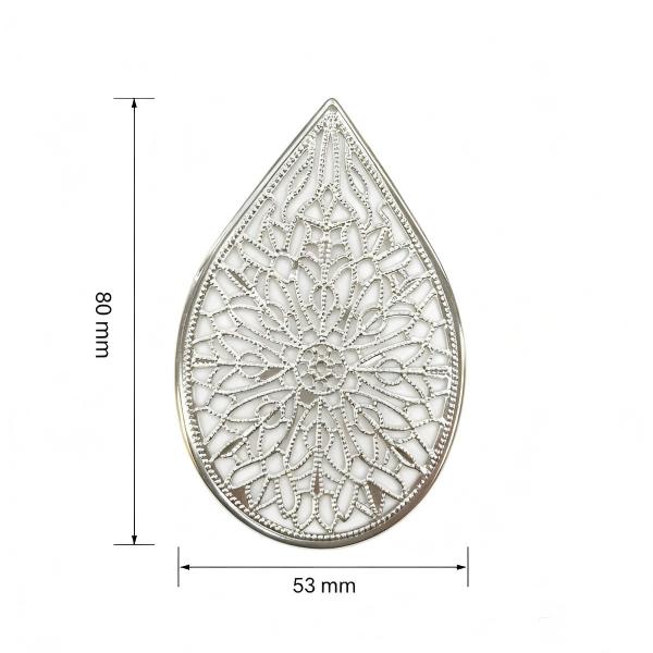 Tag:Aplique metálico  formato gota vazada, tamanho 80×53 mm, pacote com 100 peças