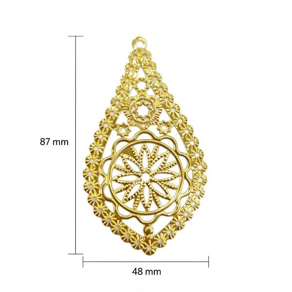 Tag:Aplique metálico formato gota, detalhe de flores 87mmX48 mm, pacote com 100 peças